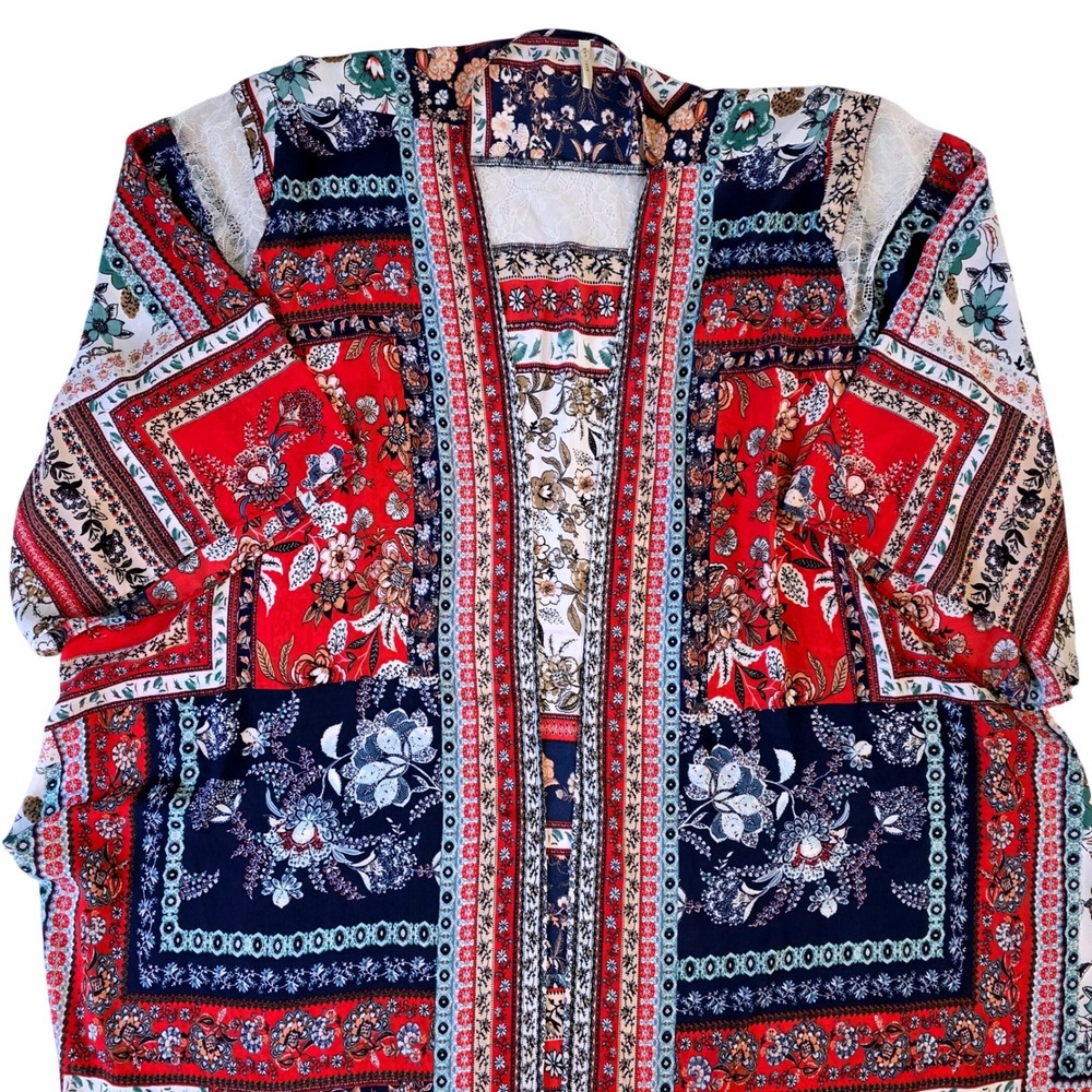 Cato Wmns Patchwork Kimono Plus 26/28W Floral Lace Detail Topper Red Blue Cream